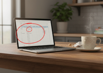 firefly gemini flash ground level shot of a kitchen table with a laptop open to a spreadsheet, one expense 594178