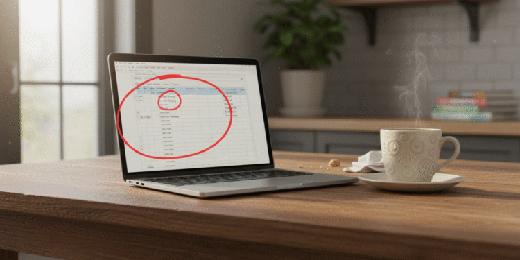 firefly gemini flash ground level shot of a kitchen table with a laptop open to a spreadsheet, one expense 594178
