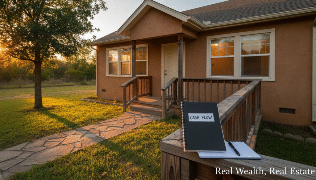 firefly gemini flash ground level shot of a small rental property at sunset. warm lights glow from the win 236262