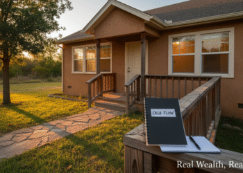 firefly gemini flash ground level shot of a small rental property at sunset. warm lights glow from the win 236262