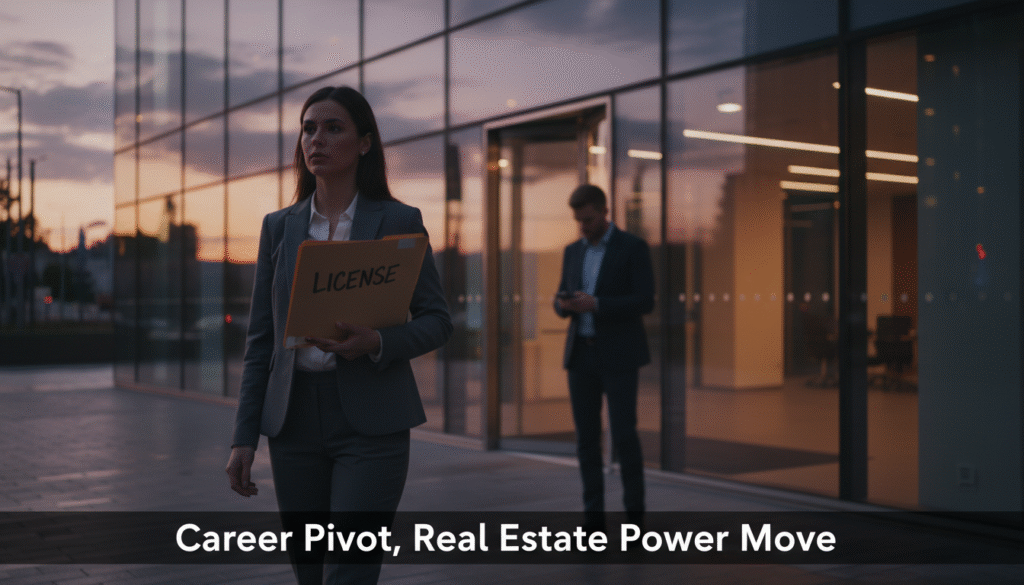 firefly gemini flash ground level shot outside a sleek glass office lobby at street level, early evening. 236262