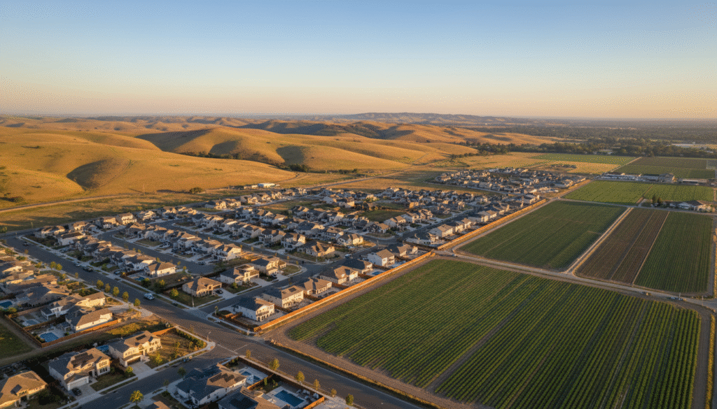 firefly gemini flash real estate aerial view of hollister california showing rolling hills, new home devel 722566