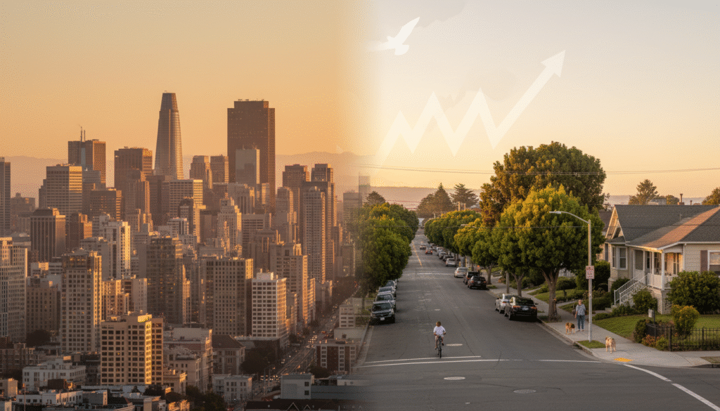 firefly gemini flash split scene thumbnail on the left a busy bay area skyline, on the right a calmer sub 537013