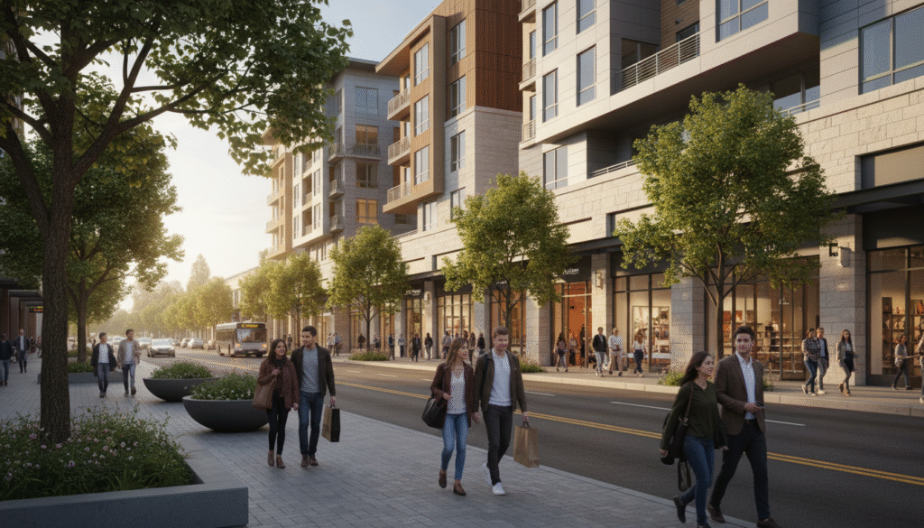 firefly gemini flash street level view of a modern mixed use development on el camino real in redwood city 722566