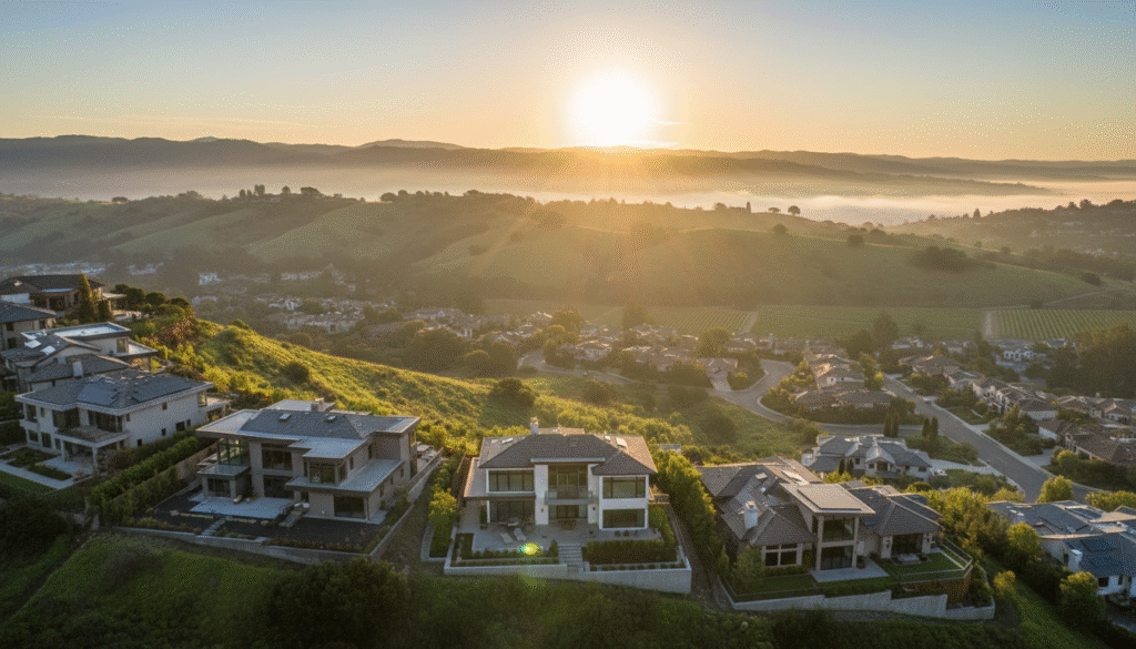 firefly gemini flash ultra cinematic sunrise view of morgan hill, california with modern hillside homes in 405339