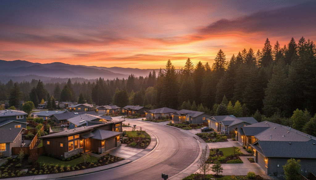 firefly gemini flash ultra cinematic view of a northern california town at golden hour, cozy suburban stre 405339