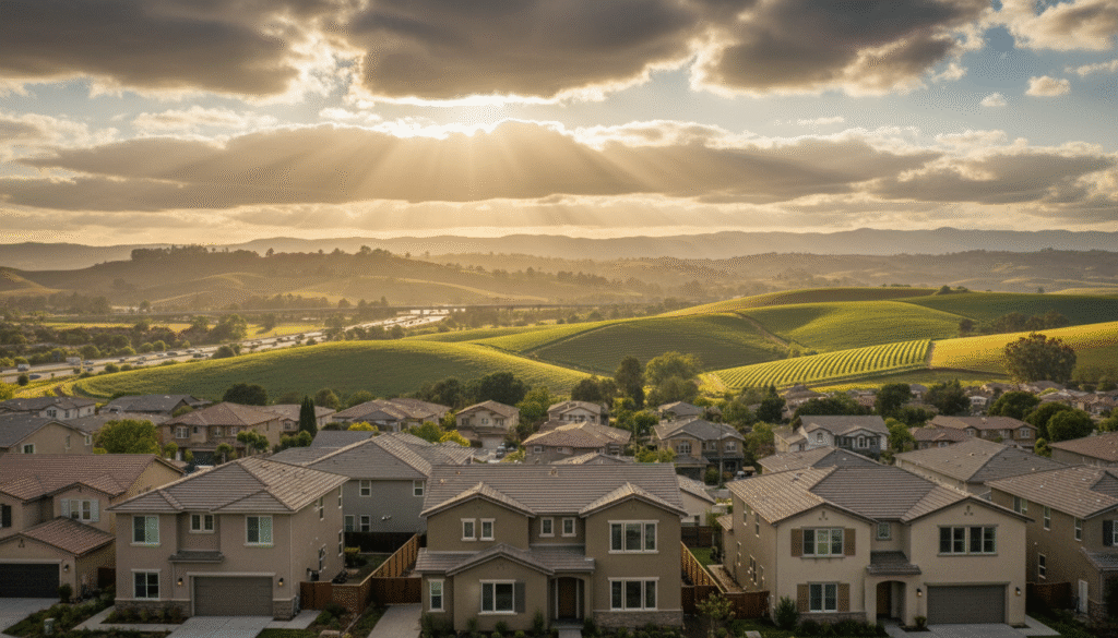 firefly gemini flash ultra cinematic wide angle view of a gilroy residential neighborhood at golden hour, 405339