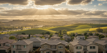 firefly gemini flash ultra cinematic wide angle view of a gilroy residential neighborhood at golden hour, 405339