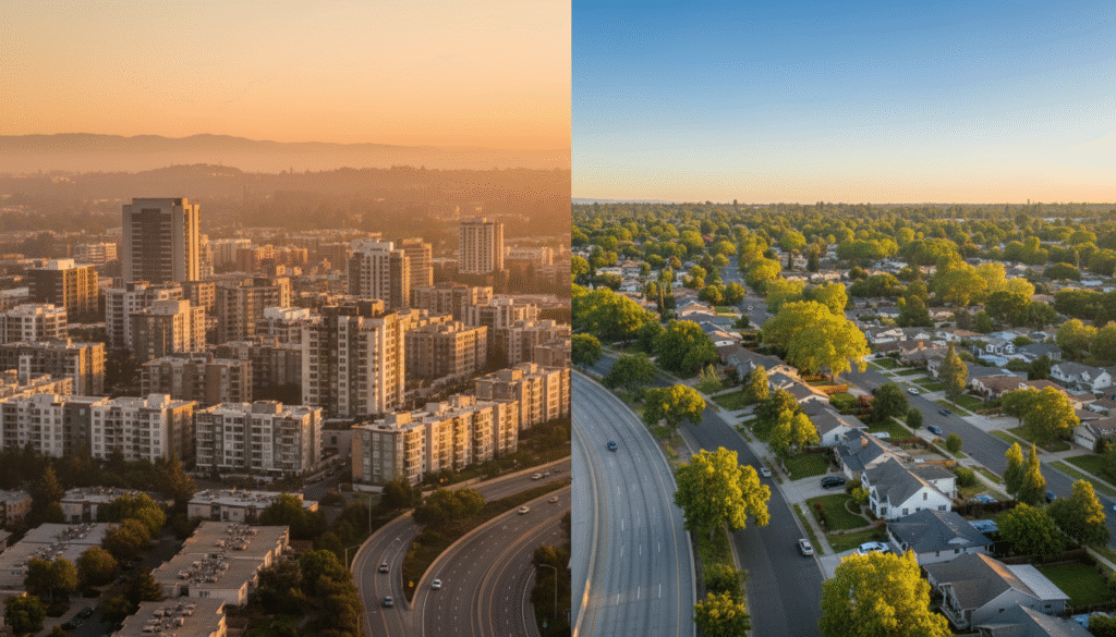 firefly gemini flash ultra cinematic wide shot showing a split scene on the left, dense bay area skyline 405339