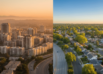 firefly gemini flash ultra cinematic wide shot showing a split scene on the left, dense bay area skyline 405339