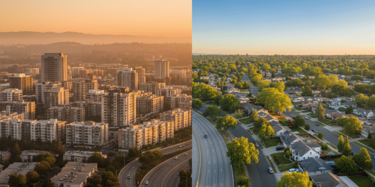 firefly gemini flash ultra cinematic wide shot showing a split scene on the left, dense bay area skyline 405339