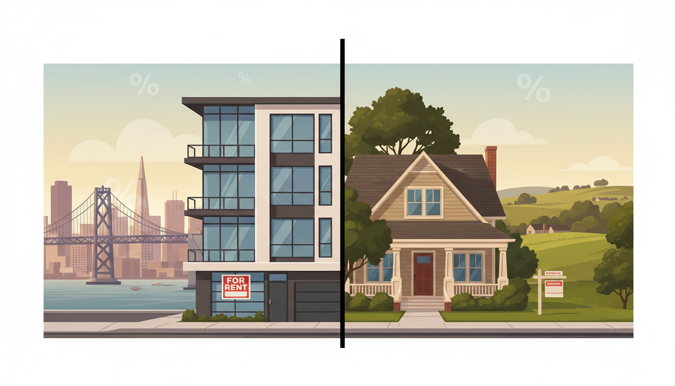 firefly gemini flash ultra detailed split scene illustration of the bay area housing choice on the left, 150598