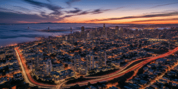 firefly gemini flash ultra realistic aerial dusk view of the bay area skyline with glowing city lights, hi 110805