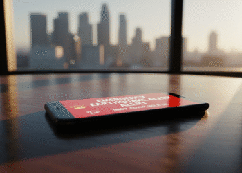 firefly gemini flash ultra realistic smartphone lying on a dark wooden table displaying an emergency earth 288624