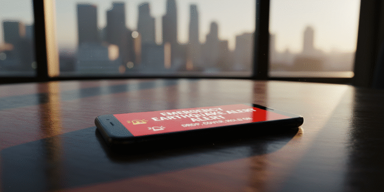 firefly gemini flash ultra realistic smartphone lying on a dark wooden table displaying an emergency earth 288624