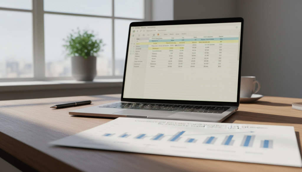 firefly ground level photo of a financial model on a laptop showing exit assumptions highligh 854450