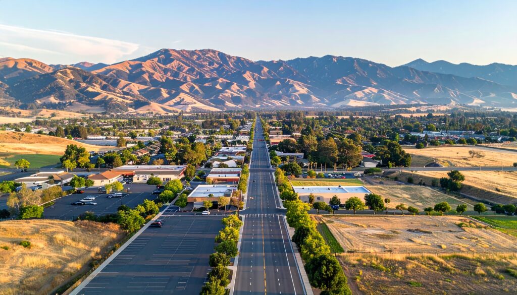firefly minimalist map style visual of gilroy, california highlighting commercial zones, soft 158029