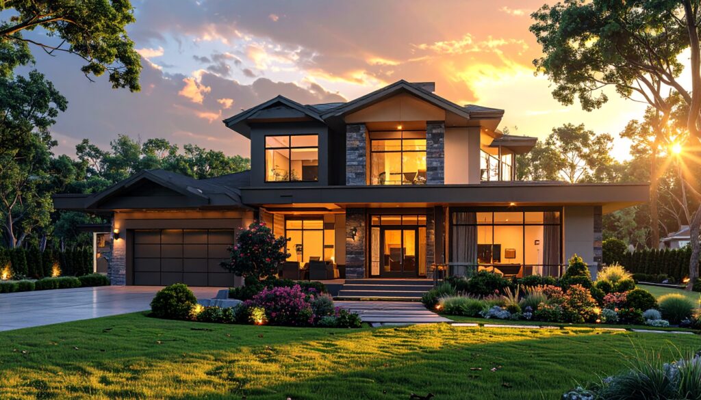 firefly modern home exterior with clean landscaping, wide angle perspective, golden hour ligh 269385