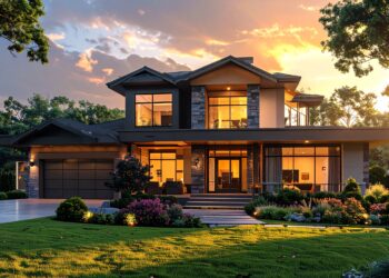 firefly modern home exterior with clean landscaping, wide angle perspective, golden hour ligh 269385