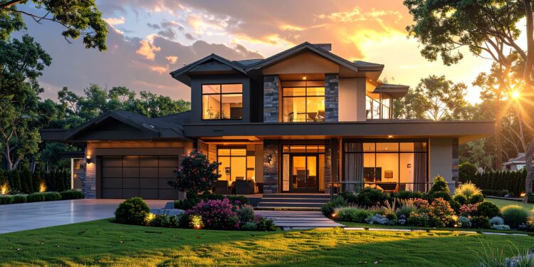 firefly modern home exterior with clean landscaping, wide angle perspective, golden hour ligh 269385