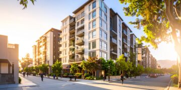 firefly street level real estate scene in redwood city california showing modern apartment bu 100128