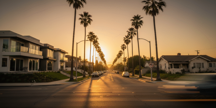 firefly ultra cinematic street level view of a california neighborhood at sunset showing a sh 405339