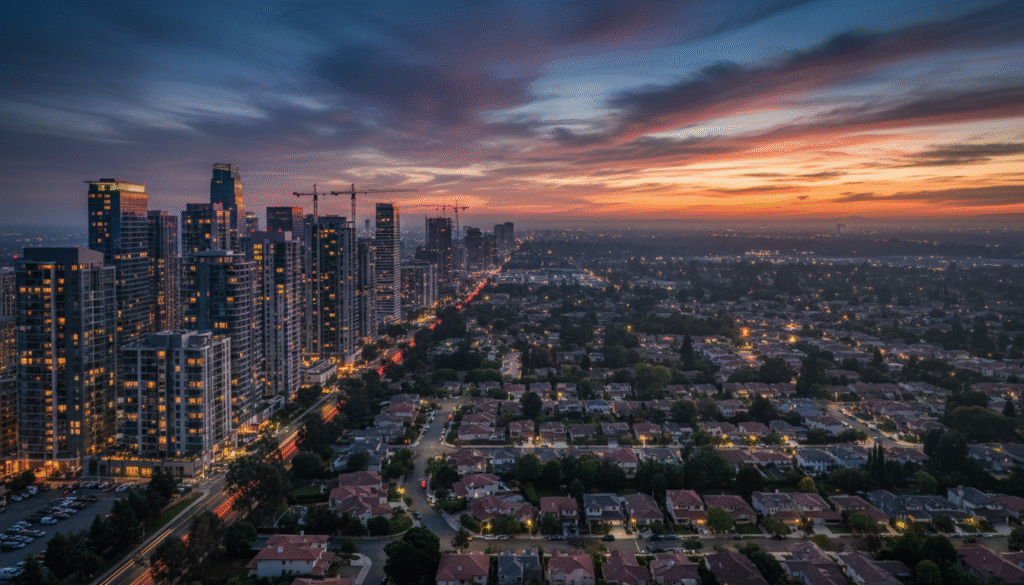 firefly ultra cinematic wide shot of santa clara county urban landscape at dusk, dense apartm 405339