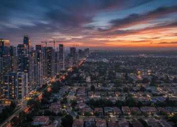 firefly ultra cinematic wide shot of santa clara county urban landscape at dusk, dense apartm 405339