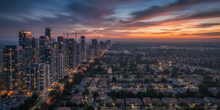 firefly ultra cinematic wide shot of santa clara county urban landscape at dusk, dense apartm 405339
