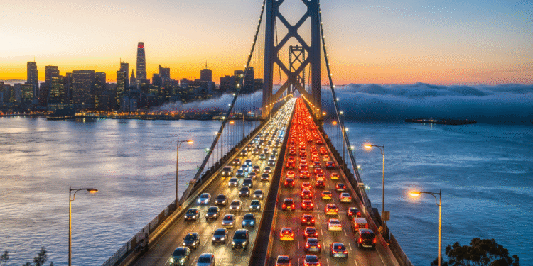 firefly ultra realistic cinematic photograph of the bay bridge at sunrise with dense commuter 207915