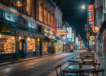 firefly ultra realistic nighttime city street in oakland filled with glowing restaurants, bri 207915