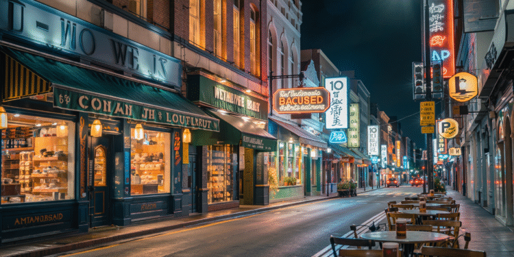 firefly ultra realistic nighttime city street in oakland filled with glowing restaurants, bri 207915