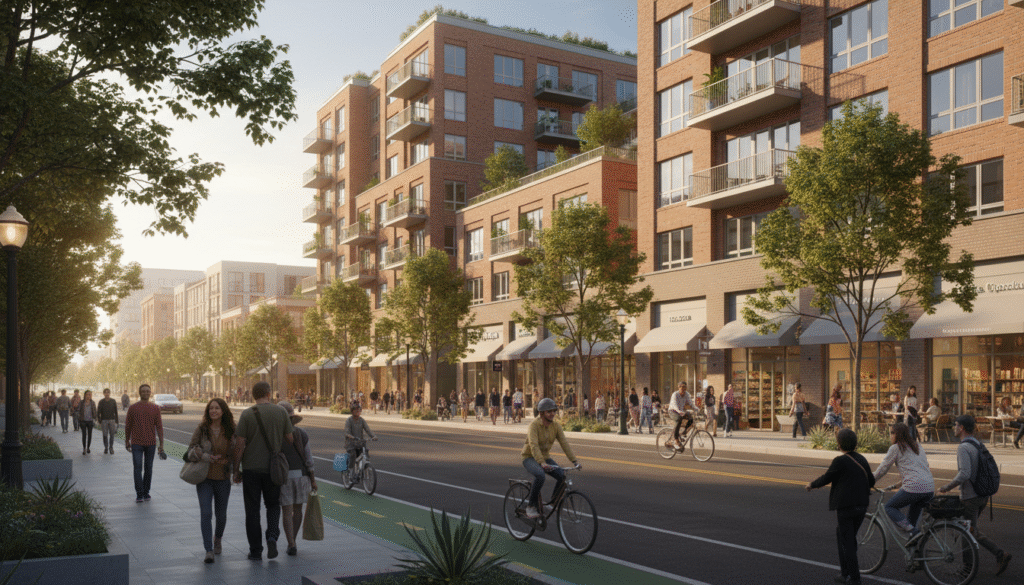 firefly urban neighborhood scene near el camino real showing new residential buildings, cycli 722566