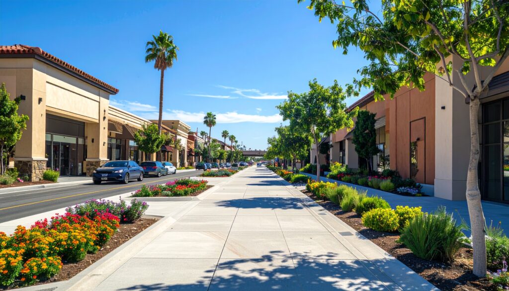 firefly wide angle shot of a california suburban commercial corridor with light traffic, clea 404117