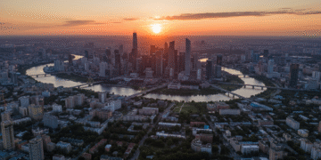 firefly gemini flash aerial a calm city skyline at sunset 653224