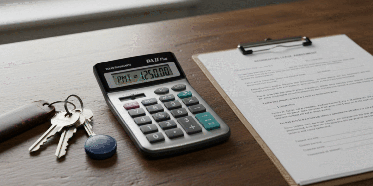 firefly gemini flash close up of a calculator, house keys, and lease paperwork on a wooden table, soft nat 365854