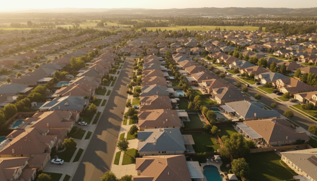firefly gemini flash wide aerial shot of a suburban neighborhood at golden hour, clean rooftops, soft shad 365854